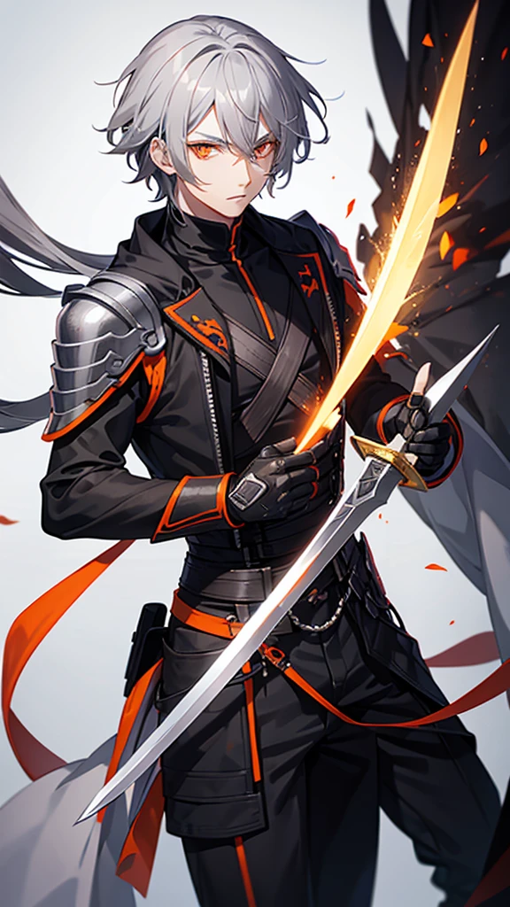 Male character with gray hair and orange eyes with sword and black clothes