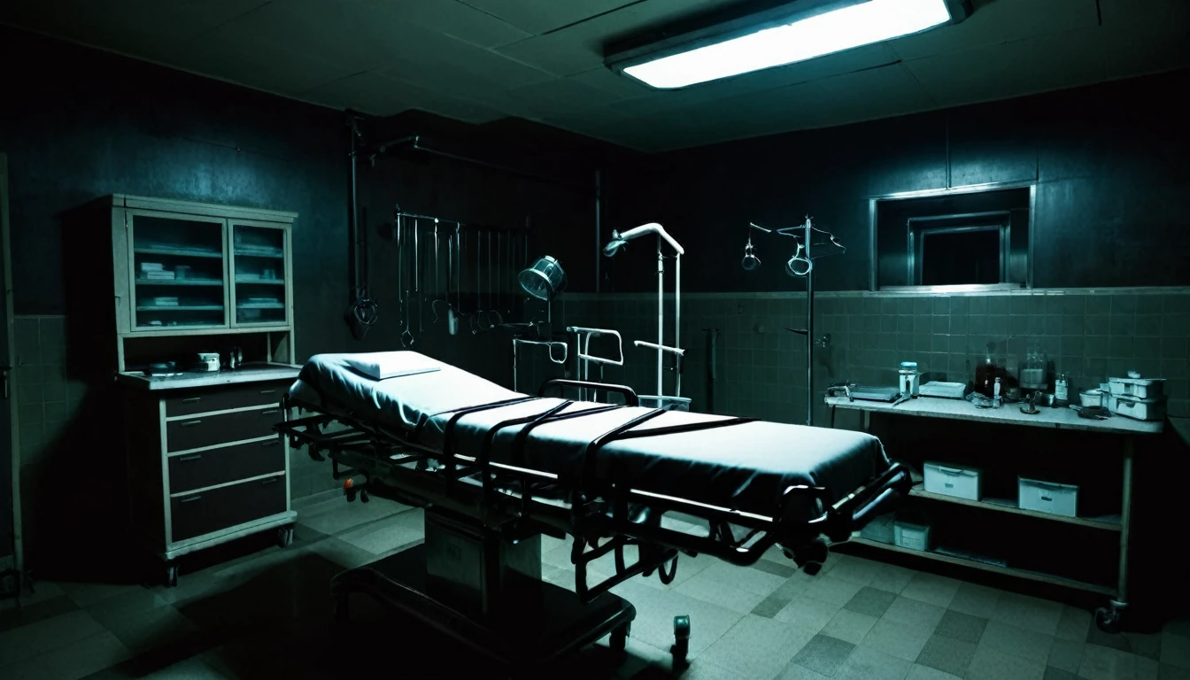hospital room, stretcher in the center, various equipment, dark, sinister, macabre environment