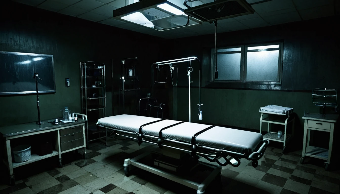 hospital room, stretcher in the center, various equipment, dark, sinister, macabre environment