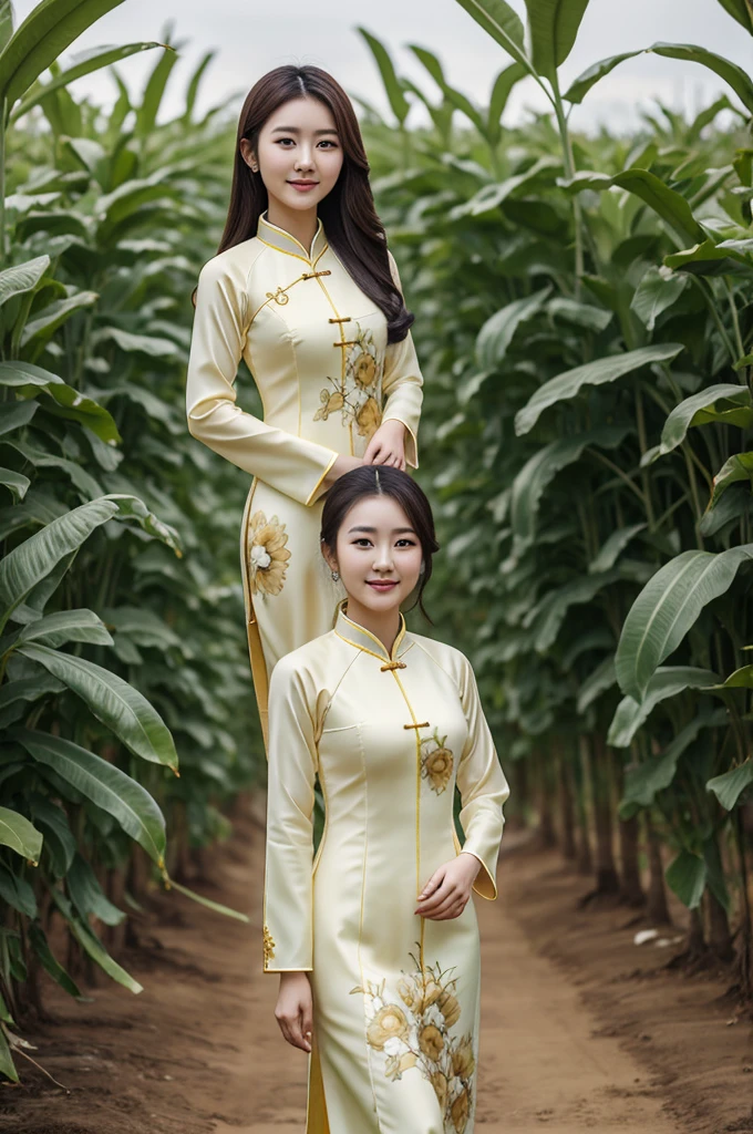 22 year old Korean beauty wearing Ao Dai standing in a banana field.