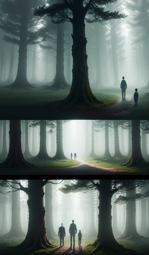 (anime, digital paint, deep forest, eerie atmosphere, 1 boy and 1 girl, children lost, worried expressions, towering trees casting long shadows, fog creeping along the ground, feeling of isolation and fear)