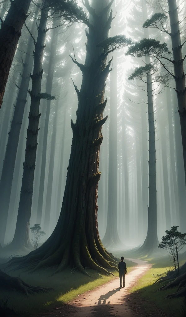(anime, digital paint, deep forest, eerie atmosphere, 1 boy and 1 girl, children lost, worried expressions, towering trees casting long shadows, fog creeping along the ground, feeling of isolation and fear)
