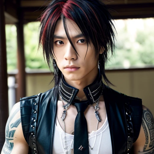 1 japanese male rocker, asien eyes, Visual Kai hairstyle, ultra detailed face and body, hyperrealistic, realistic representation, muscular, broad shoulders, tattoos gothic style, piercings, Visual Kei style, hairstyle Visual Kei, blond, 40 years old, age 40 outfit gothic streampunk, men's shirt and black pants, Asian eyes, eyes Asian, long hair, long hair
