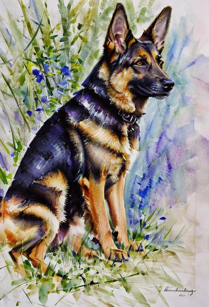 german shepherd dog looking into the lens, watercolor painting, watercolor, excellent quality, details, watercolor texture, brushstrokes, (incredibly detailed: 1.4), (extremely fine details: 1.35), extremely sharp lines,