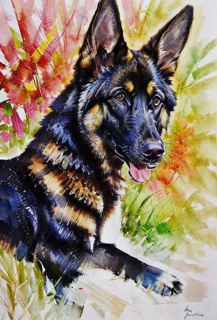 german shepherd dog looking into the lens, watercolor painting, watercolor, excellent quality, details, watercolor texture, brushstrokes, (incredibly detailed: 1.4), (extremely fine details: 1.35), extremely sharp lines,