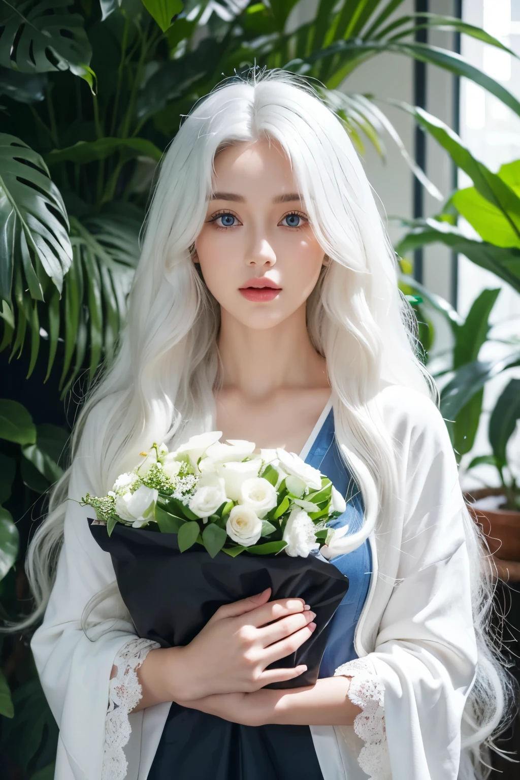 1 woman, White long curly hair,Natural and beautiful hair, clean and beautiful. White hair. Close lips. Blue natural eyes. Black clothes. Plantas. Flores. Macetero. Animal cat domestic, pet cat.