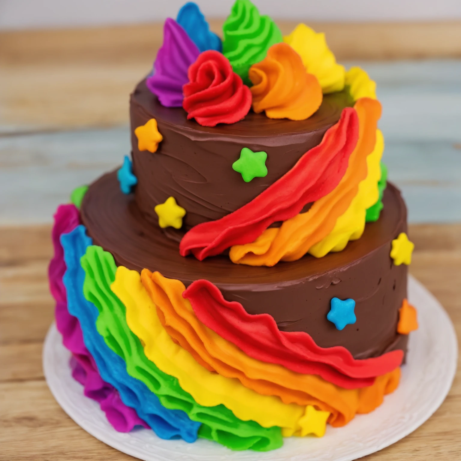 on a wooden table. there is a white plate. two-tier cake, chocolate cream cake, rainbow cream in the form of ruffles, decorated with rainbow stars made of polymer clay, multi-colored cream on top, against the background of the kitchen, Beautiful light from the window, contour light, Multiple light sources, beautiful lighting, Bright light source, bright lighting, beautiful light sources, Multiple light sources, Realistic style , realistic texture, detailed texture, A high resolution, high quality,