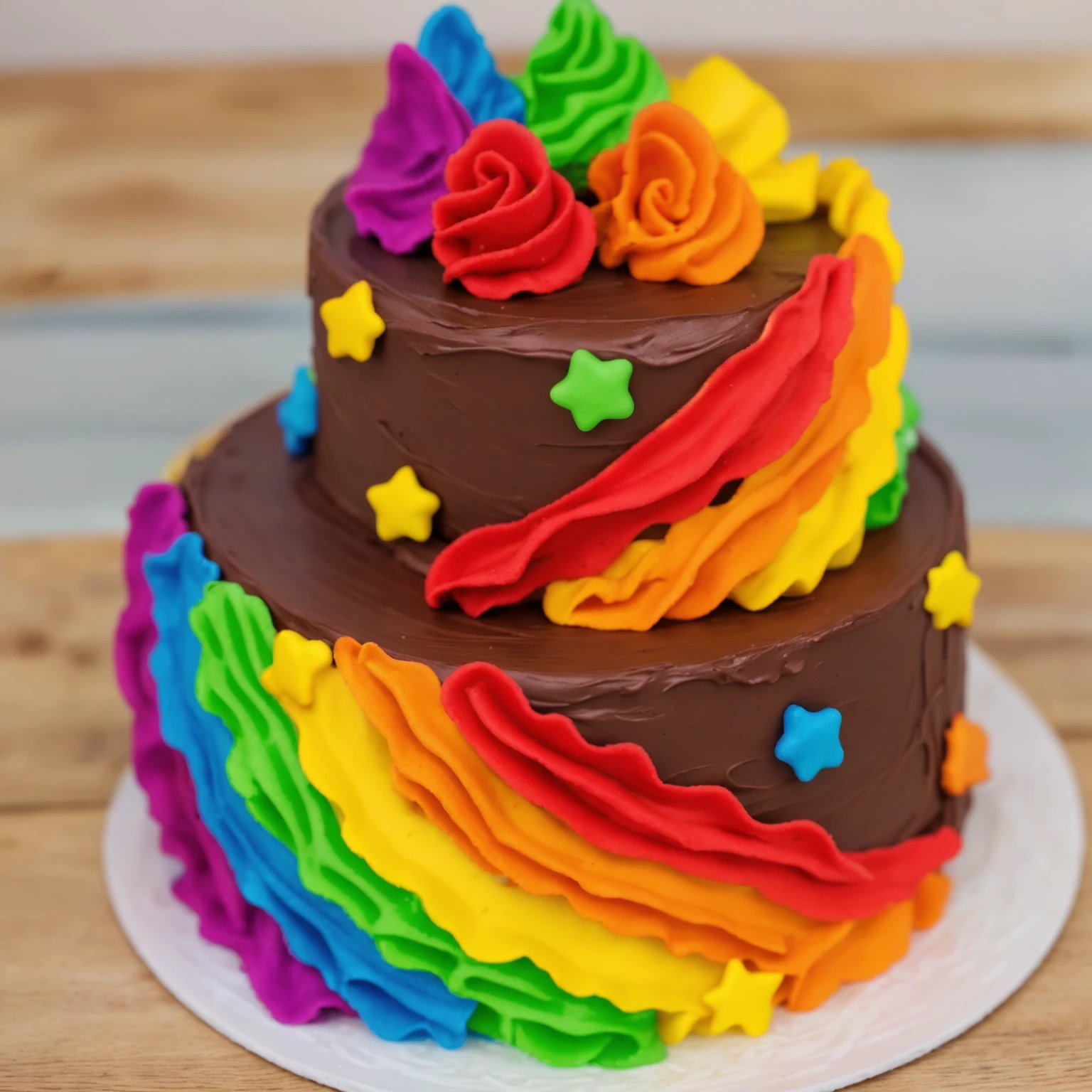 on a wooden table. there is a white plate. two-tier cake, chocolate cream cake, rainbow cream in the form of ruffles, decorated with rainbow stars made of polymer clay, multi-colored cream on top, against the background of the kitchen, Beautiful light from the window, contour light, Multiple light sources, beautiful lighting, Bright light source, bright lighting, beautiful light sources, Multiple light sources, Realistic style , realistic texture, detailed texture, A high resolution, high quality,