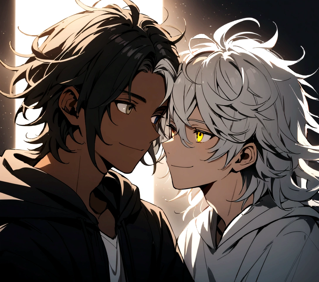 white shirt, wearing a black hoodie , yellow and black eyes heterochromia, calm smile expression, Messy hair , Medium length hair , 1 men , multicolored black and white hair , two tone hair , dark skin color , with a white wolf , the two looking at each other
