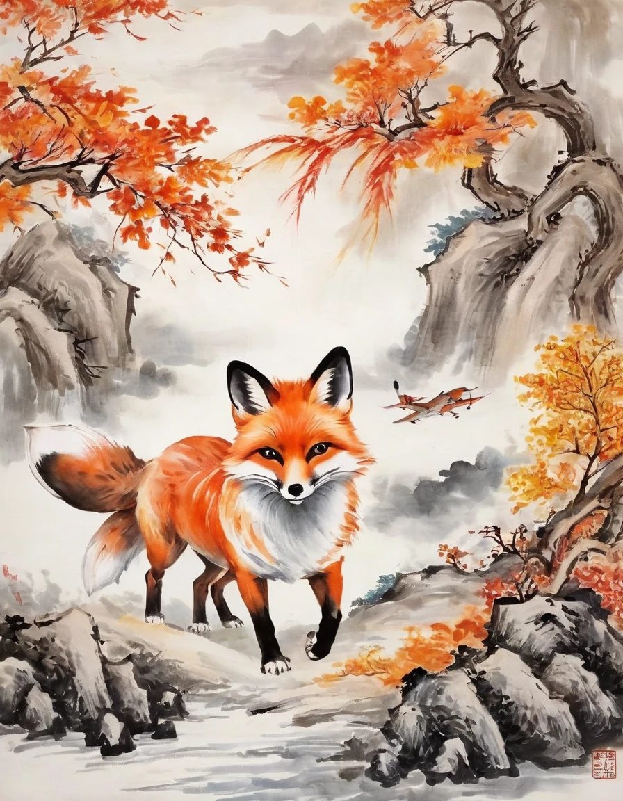 Colorful Chinese fox，plane trees，Surrounded by flames，[(White background:1.5)::5]，The scene is，full bodyesbian，China-style，florals，stone fragment，Beautiful and delicate Chinese nine tailed fox，（Fine strokes：1.1）, Dynamic depiction, Vivid authenticity, mesmerizing charm, rich pictures, 8K, Ink painting, art-deco, projected inset,  Wide-angle, super detailing, Best quality, A high resolution