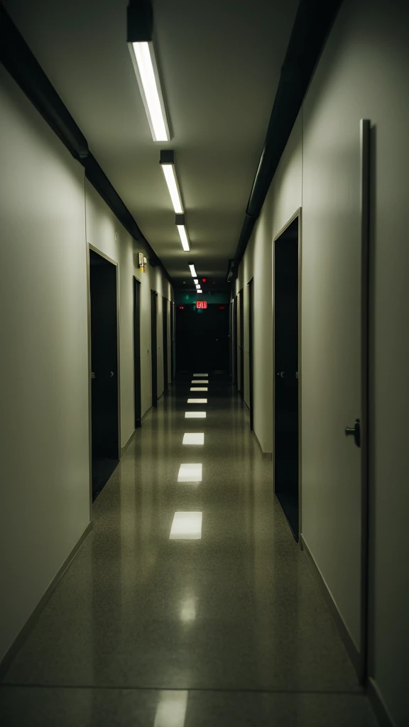 * Description: A long, narrow hallway in an office building at night. The lighting is minimal, casting long shadows on the floor. The atmosphere is eerie, with a sense of impending doom.
* Key Elements: Flickering fluorescent lights, dark corners, a slightly open door at the end of the hallway.