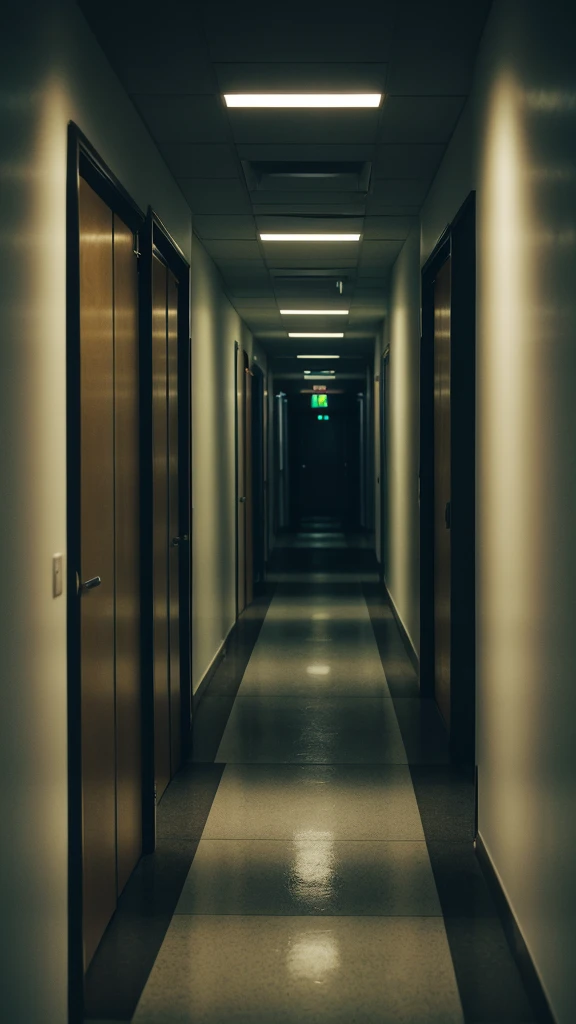* Description: A long, narrow hallway in an office building at night. The lighting is minimal, casting long shadows on the floor. The atmosphere is eerie, with a sense of impending doom.
* Key Elements: Flickering fluorescent lights, dark corners, a slightly open door at the end of the hallway.