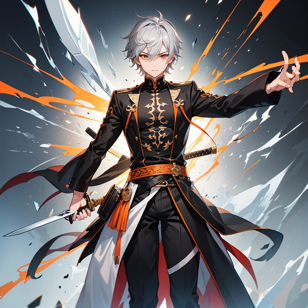 Male character gray hair and orange eyes and black clothes and swords