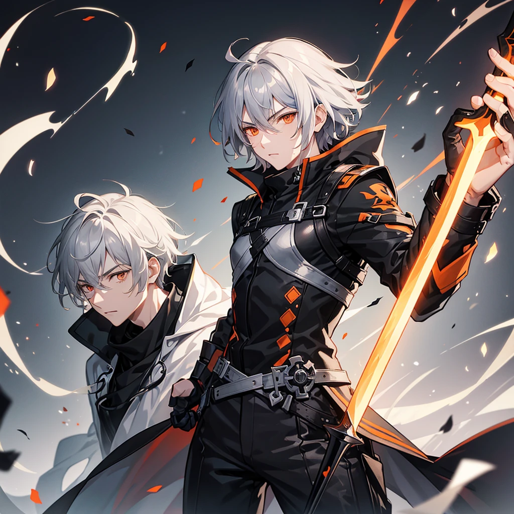 Male character with gray hair and orange eyes with sword and black clothes