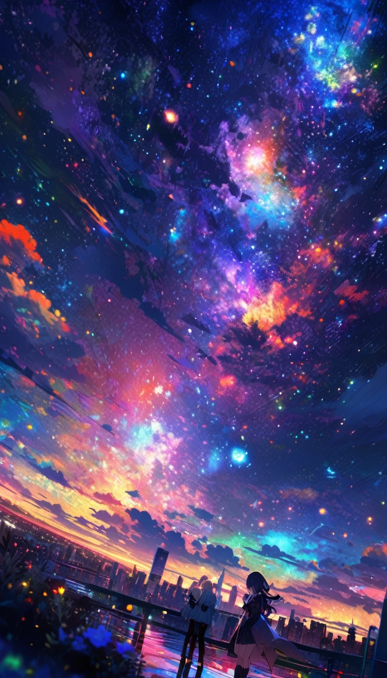 Angelic, detailed woman, midnight, nebula, after the rain, starry night, horizon, in the sky, city , colorful, high-res, 8K