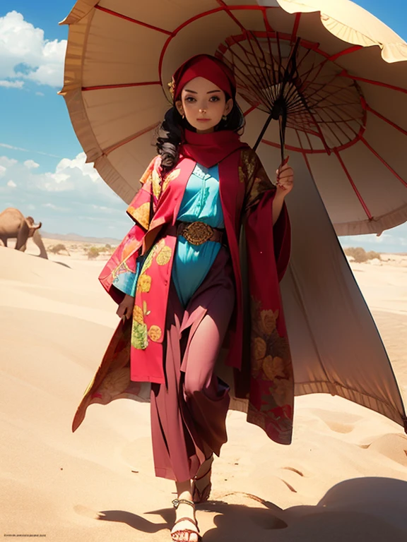 One Girl, Golden accessories, Veil, gem, Kaftans, turbaned, Sandals, Elegant robes, sand color, oasis, Long Hair, Wavy Hair, Light of the sun, camel, Sand Dunes, Wind, mysterious, Desert flower, Coin Belt, fabric, embroidery, metallic, scarf, Turquoise, jewelry, gold, (Queen) , Cowboy Shot