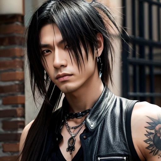 1 japanese male rocker, asien eyes, Visual Kai hairstyle, ultra detailed face and body, hyperrealistic, realistic representation, muscular, broad shoulders, tattoos gothic style, piercings, Visual Kei style, hairstyle Visual Kei, blond, 40 years old, age 40 outfit gothic streampunk, men's shirt and black pants, Asian eyes, eyes Asian, long hair, long hair