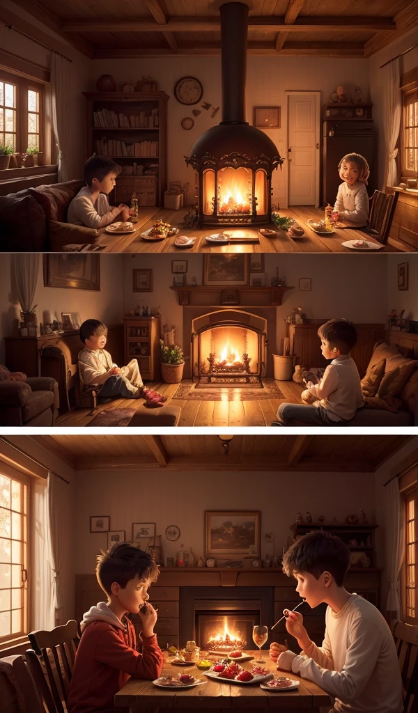 (anime, digital paint, interior of candy house, warm and inviting, 1 boy and 1 girl, the children eagerly eating sweets at a large candy-covered table, cozy fireplace with flickering flames, detailed candy and food all around, homely and deceptive atmosphere)