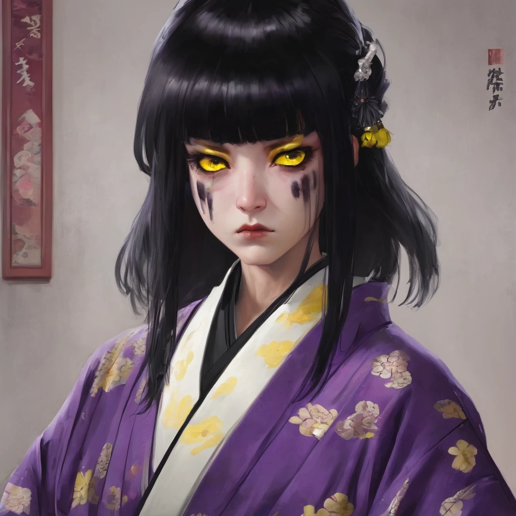  with a very weak purple kimono, black hair with white bangs, one black eye and one yellow eye.