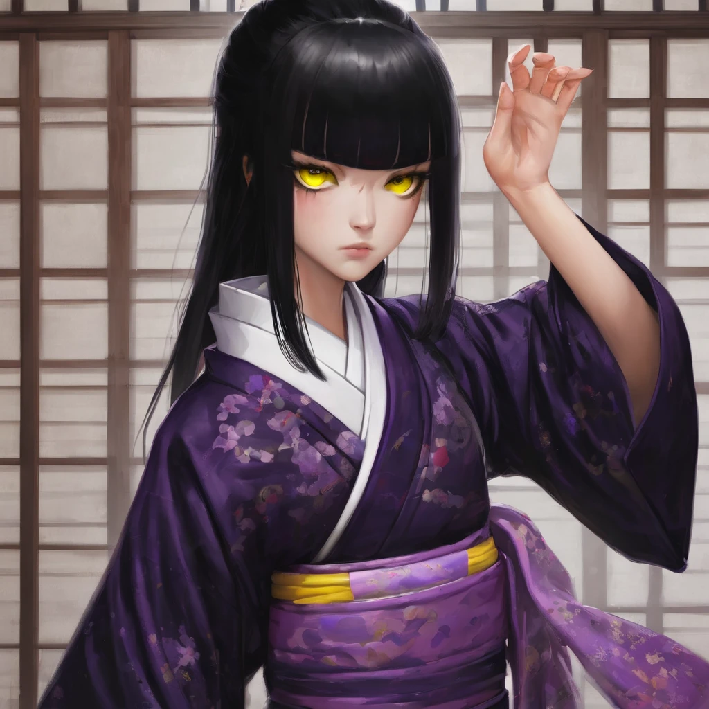  with a very weak purple kimono, black hair with white bangs, one black eye and one yellow eye.