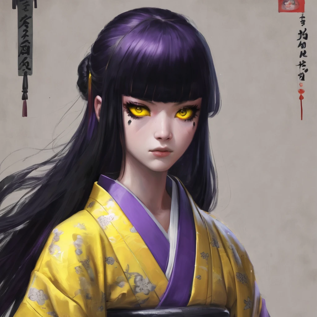  with a very weak purple kimono, black hair with white bangs, one black eye and one yellow eye.