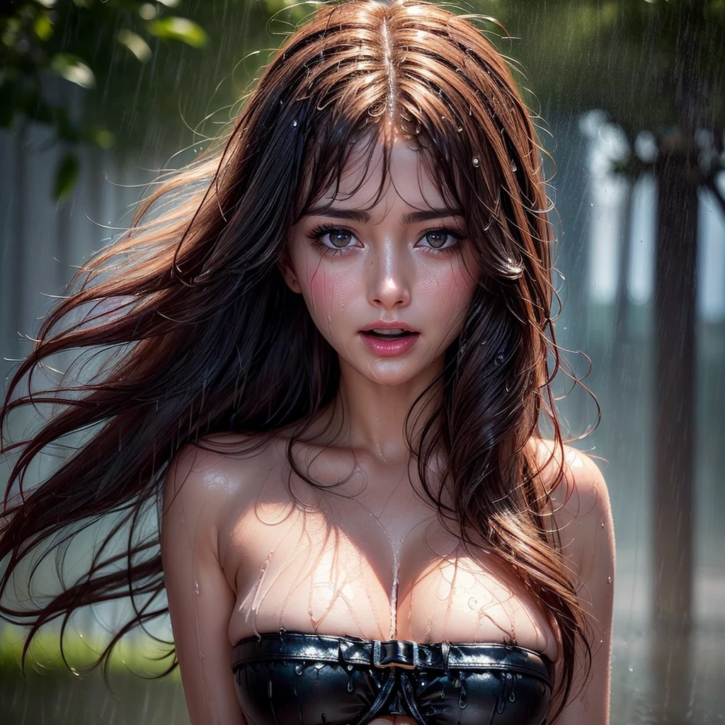 masterpiece of ExtremelyDetailed(ProfessionalPhoto of Stunning women) (standing under the ((Downpour))), BraidHair with bun, (Joyful Expressions LifeLike Rendering), ((Extremely detailed beautiful face and eyes)) Blush Ahegao BREAK ((Farrah Fawcett Majors)) Beltbra, (Torrential Rain:1.6), hidden hands (no extra hands), (Overflowing Underboob Overflowing Raindrops Overflowing water)(((WettedHair WetFace WetSkin WetHair:1.42))), (SFW)