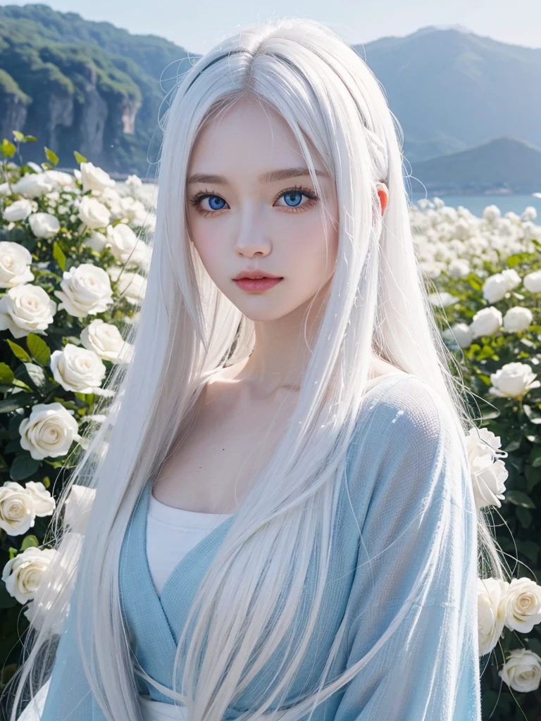 Long white hair, blue eyes, white skin, with flowers , jeju island Korea