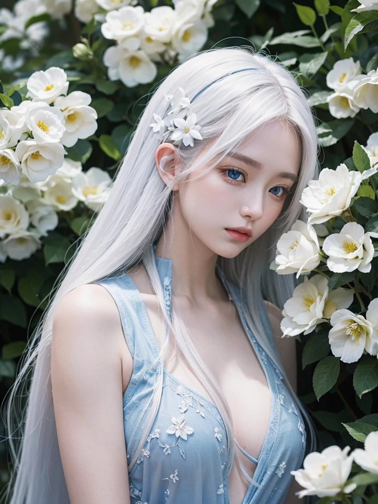 Long white hair, blue eyes, white skin, with flowers , jeju island Korea 