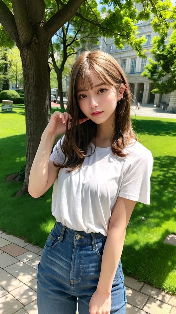 (Realistic:1.1), (Photorealistic:1.1), (Masterpiece:1.1), (Best Quality:1.1), RAW Photo, High Resolution, Ultra Detailed, High Precision RAW Color Photo, Professional Photography, Masterpiece, Best Quality, Realistic, Real Skin, 1 Girl, Discreet, Solo, Lighting, Long Blonde Hair, Full Body, In A Sunny Park, Wearing A White Short Sleeve Blouse, Light Blue Jeans, White Sneakers, Relaxed Expression, Comfortable Environment, LoRa:add_detail:1
