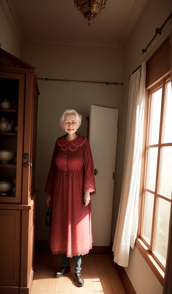 (anime, digital paint, kind-looking old woman appearing from a side room, white hair and red eyes, gentle smile, interior of the candy house, offering more sweets to the children, warmly lit interior, subtle hints of something sinister in the background)