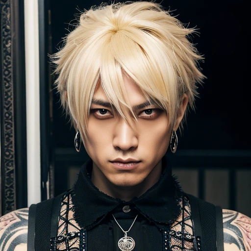 1 japanese male rocker, asien eyes, Visual Kai hairstyle, ultra detailed face and body, hyperrealistic, realistic representation, muscular, broad shoulders, tattoos gothic style, piercings, Visual Kei style, hairstyle Visual Kei, blond, 40 years old, age 40 outfit gothic streampunk, men's shirt and black pants, Asian eyes, eyes Asian, long hair, long hair
