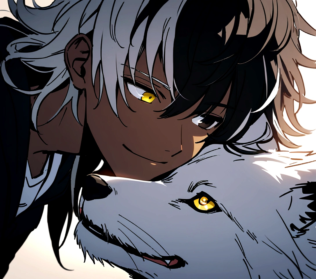 white shirt, wearing a black hoodie , yellow and black eyes heterochromia, calm smile expression, Messy hair , Medium length hair , 1 men , multicolored black and white hair , two tone hair , dark skin color , with a white wolf , the two looking at each other