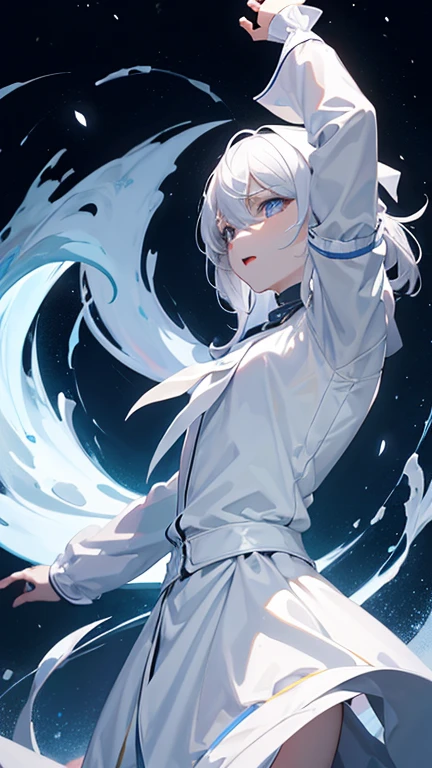 1The White Magician,Look up to the sky,Laugh wickedly,Pleasure,lament,Elevation,In the dark storm,Bad face,Low - Angle,Disaster at your fingertips々Shiny black sphere,The front of your body faces the viewer,Stretch your arms out to the sky