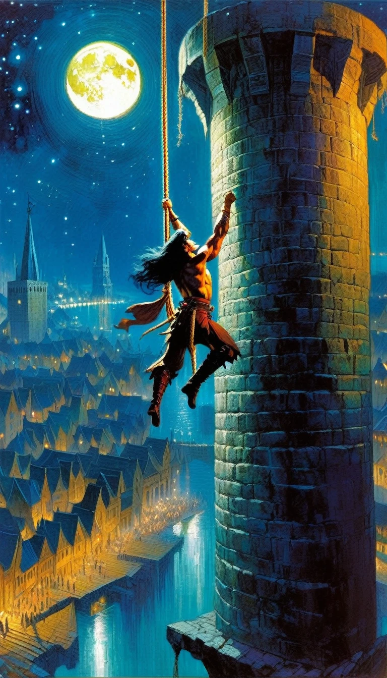 Conan character, climbing a large tower with a rope, fantastic city of medieval fantasy, night, moon, stars (art inspired Bill Sienkiewicz). oil painting)