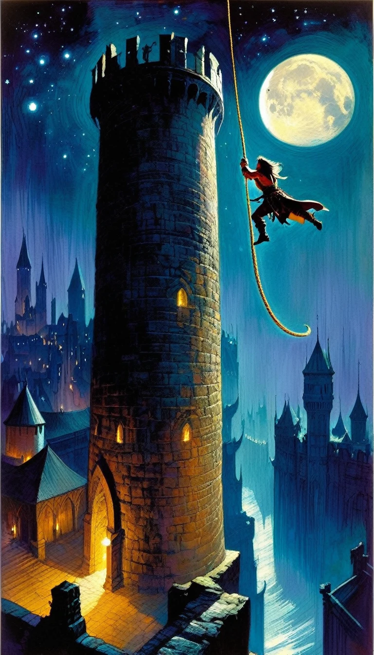 Conan character, climbing a large tower with a rope, fantastic city of medieval fantasy, night, moon, stars (art inspired Bill Sienkiewicz). oil painting)