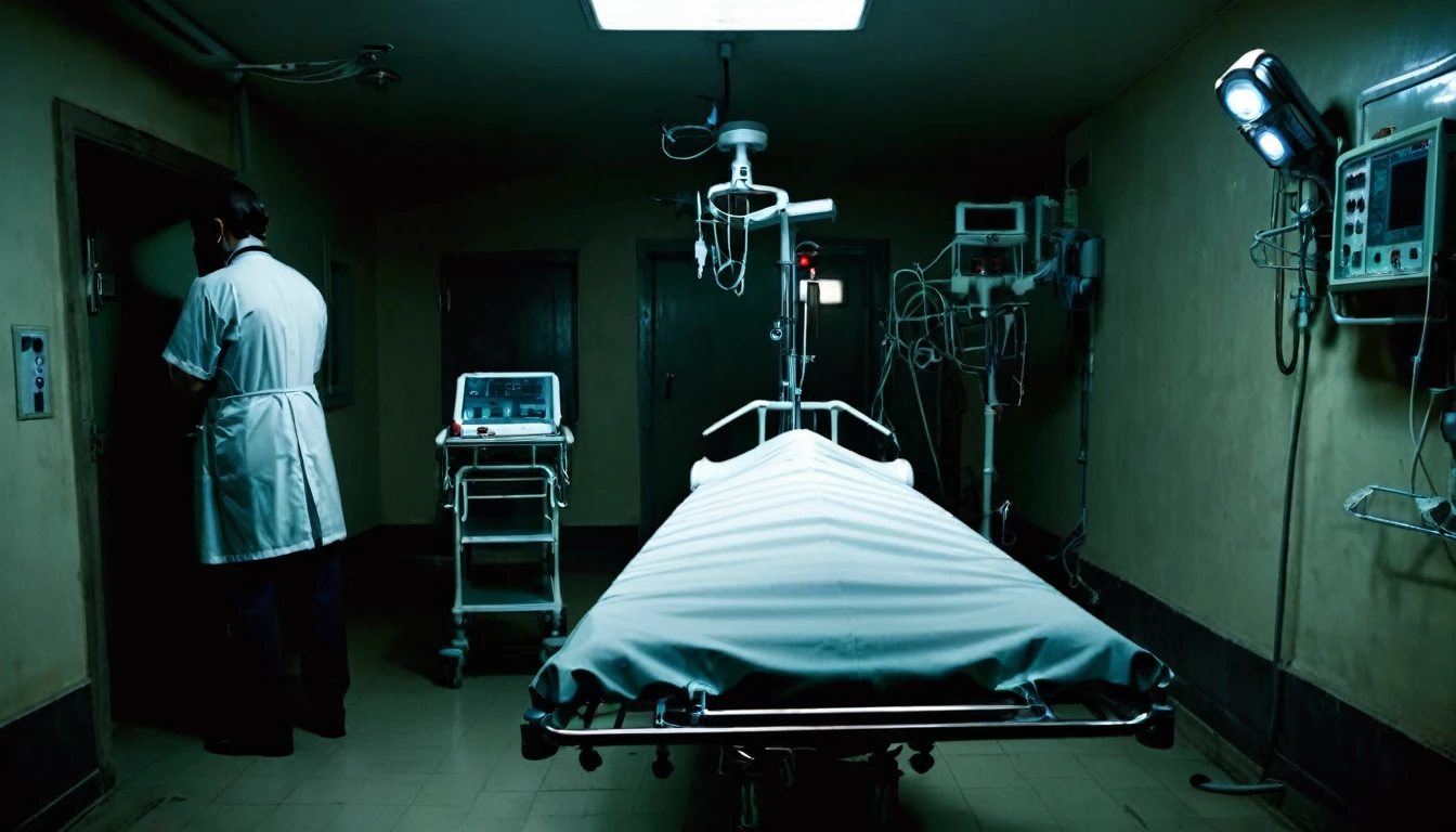 hospital room, stretcher in the center, doctor with his back to the camera, various equipment, dark, sinister, macabre environment