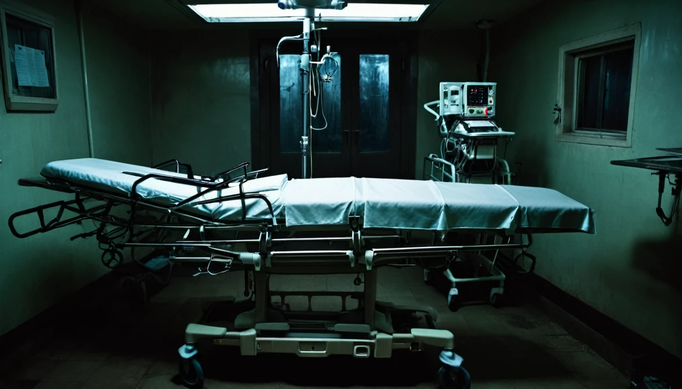 hospital room, stretcher in the center, doctor with his back to the camera, various equipment, dark, sinister, macabre environment