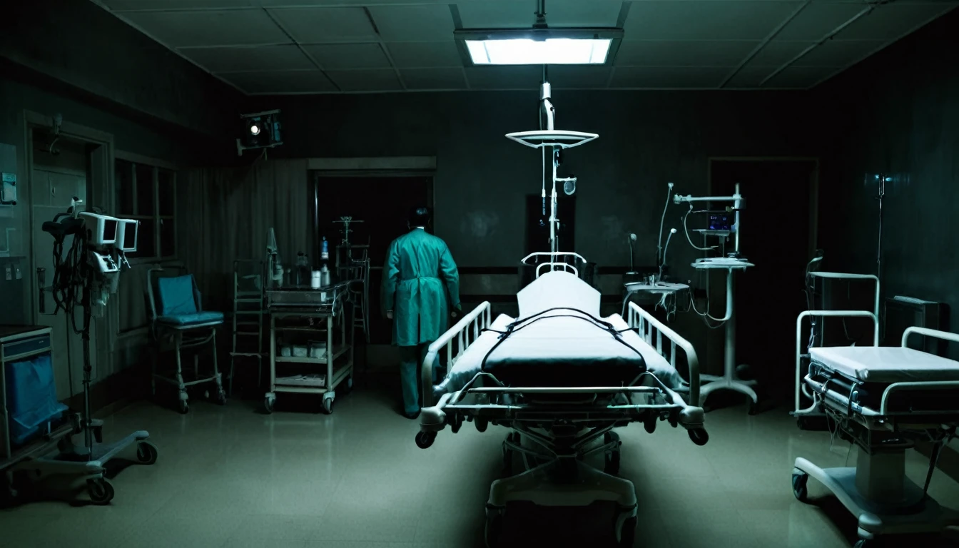 hospital room, stretcher in the center, doctor with his back to the camera, various equipment, dark, sinister, macabre environment