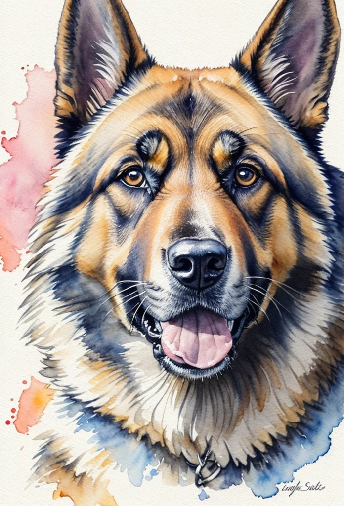 german shepherd dog looking into the lens, watercolor painting, watercolor, excellent quality, details, watercolor texture, brushstrokes, (incredibly detailed: 1.4), (extremely fine details: 1.35), extremely sharp lines,