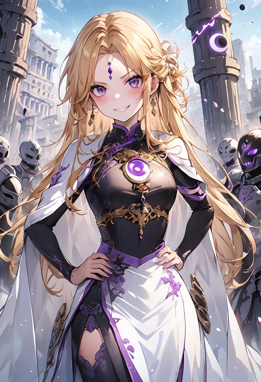 dark persona, ecstasy, looking at viewer, armor, hand on own hip, happy, blush, evil grin, black leg armor, knight, long hair, octagonal yin yang mirror, purple eyes, audience, forehead jewel, pillars of purple fire, 1 woman, white cape, runes, black dress, Ruined city, gold decoration, gold hair, long cheongsam, earring, chains, yin yang, long skirt, beautiful art, depth of field, high res, perfect face, detailed outfit