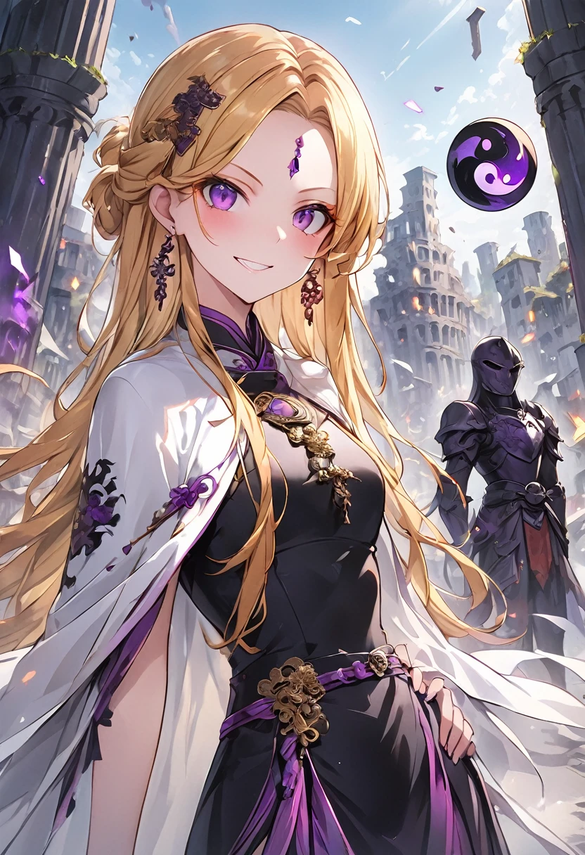 dark persona, ecstasy, looking at viewer, armor, hand on own hip, happy, blush, evil grin, black leg armor, knight, long hair, octagonal yin yang mirror, purple eyes, audience, forehead jewel, pillars of purple fire, 1 woman, white cape, runes, black dress, Ruined city, gold decoration, gold hair, long cheongsam, earring, chains, yin yang, long skirt, beautiful art, depth of field, high res, perfect face, detailed outfit