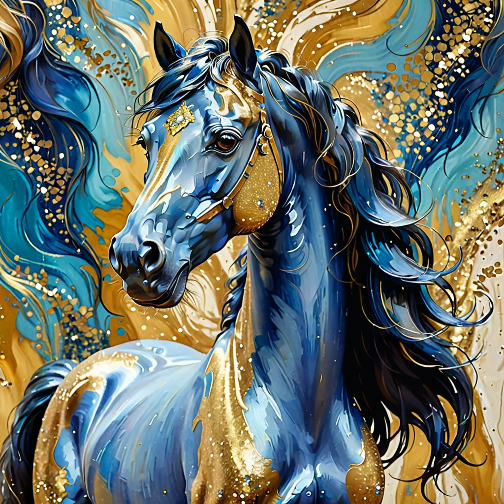 the torso of a “blue/gold glitter” horse with a long neck, soft and wavy coat texture, expressive eyes, and a cheeky playful grin, against an abstract, painterly background with warm tones, more
detail, enhanced.