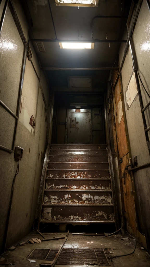 Description: An old, run-down elevator with flickering lights. The interior is grimy, with rust and stains visible on the walls and floor. The buttons are worn and some are missing.
Key Elements: Flickering lights, rust stains, a sense of claustrophobia.