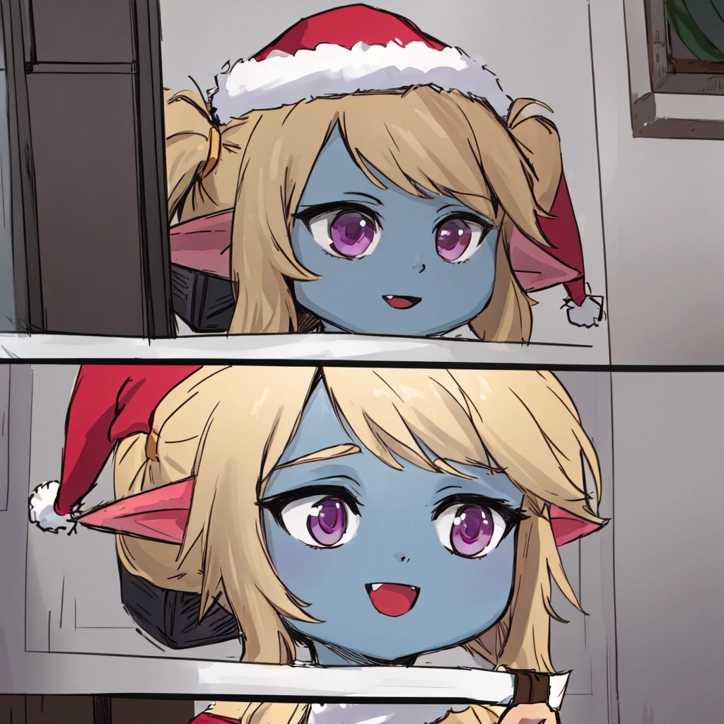 (poppy:1.1), colored skin, padoru meme, (chibi:0.8), :d, (holding sack:1.1), santa hat, best quality,