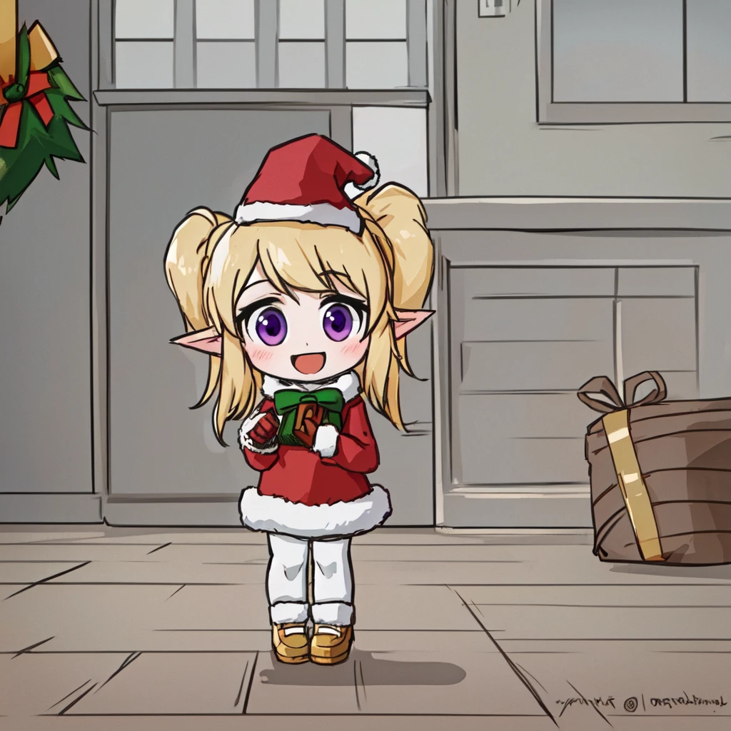 (poppy:1.1), colored skin, padoru meme, (chibi:0.8), :d, (holding sack:1.1), santa hat, best quality,