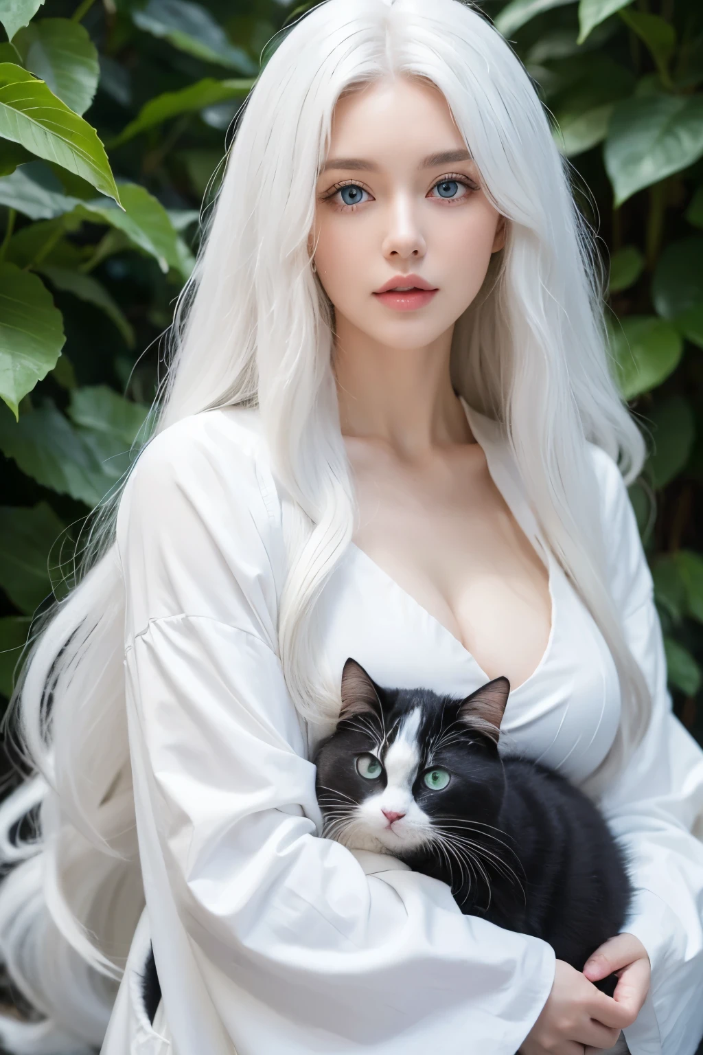 1 woman, White long curly hair，Natural and beautiful hair, clean and beautiful. White hair. Close lips. Blue natural eyes. Black clothes. Plantas. Animal cat domestic, pet cat. 