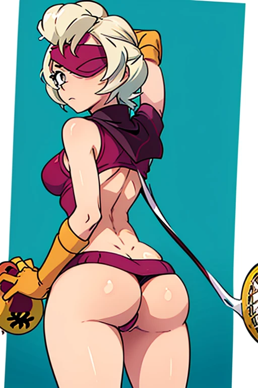 tennis girl in tight mini virgin killer sweater, rear butt anus, showing her anus, wearing oven mittens behind head, blindfold