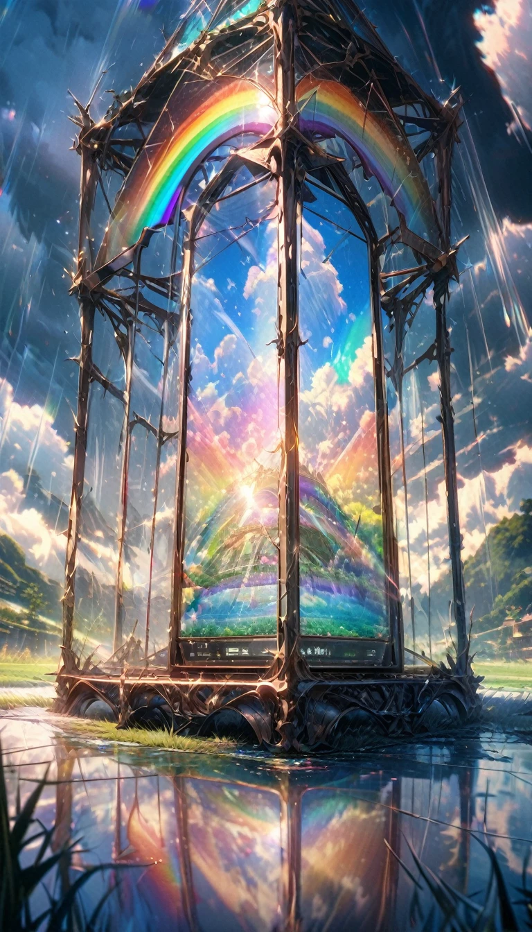 best quality, super fine, 16k, incredibly absurdres, extremely detailed, delicate and dynamic, a mysterious artistic structure made of chrome-plated framework and glass, after the rain, sunlight shines through the gaps in the clouds, the glass reflects the rainbow colors and the analyzer is displayed, the grass is covered with mist, creating a fantastic image effect