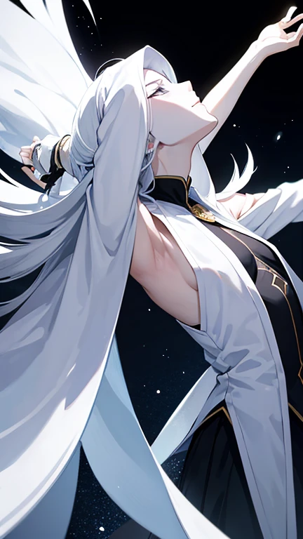 1The White Magician,Look up to the sky,Laugh wickedly,Pleasure,lament,Elevation,In the black storm,Low - Angle,Black sphere at the tip of the hand,The front of your body faces the viewer,Stretch your arms out to the sky