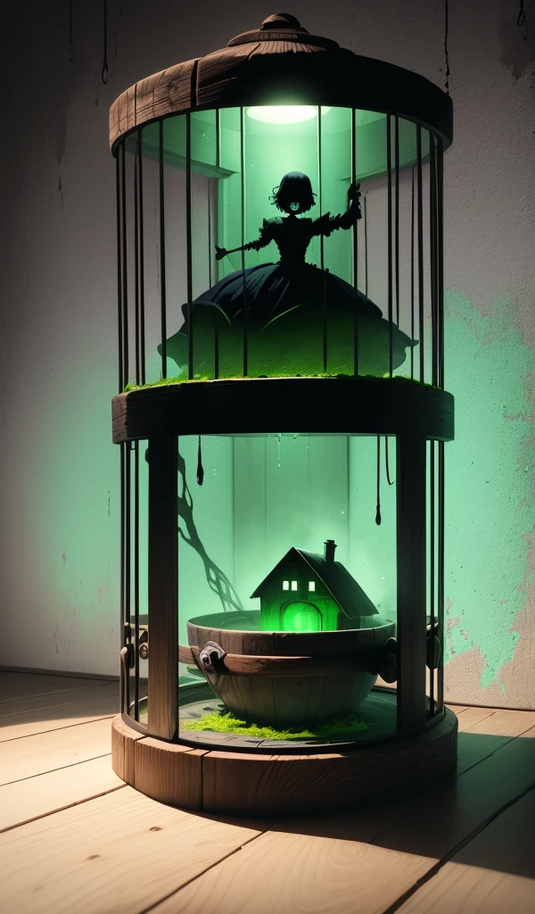 (anime, digital paint, ung boy trapped in a wooden cage, frightened expression, evil and creepy old woman stirring a bubbling cauldron, eerie green light illuminating the room, dark and twisted interior of the candy house, dark and ominous atmosphere with shadows dancing on the walls, sense of impending danger)